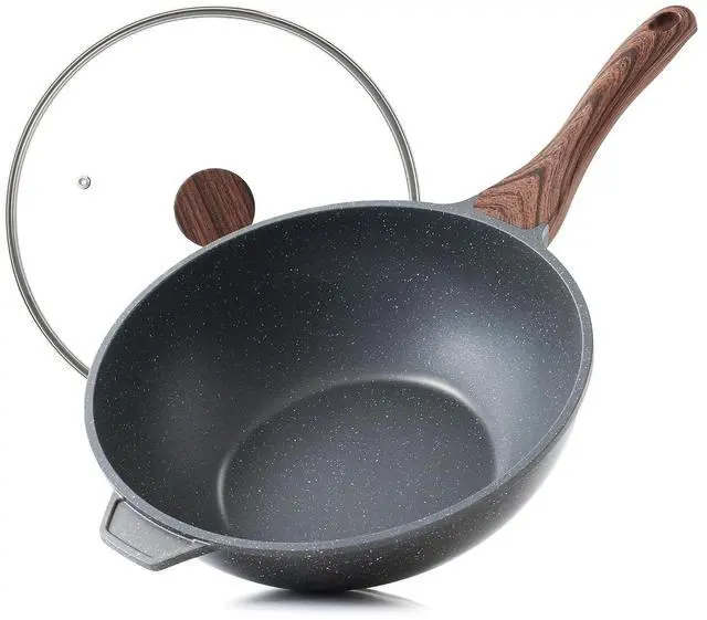 Main image of Nonstick Wok Pan with Lid 11-inch, Healthy Stir-fry Pan Induction Cookware with Swiss Granite Coating, Deep Frying Pan Skillet with Stay-cool Handle, PFOA Free