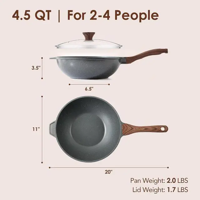 Alt view image 3 of 7 - Nonstick Wok Pan with Lid 11-inch, Healthy Stir-fry Pan Induction Cookware with Swiss Granite Coating, Deep Frying Pan Skillet with Stay-cool Handle, PFOA Free
