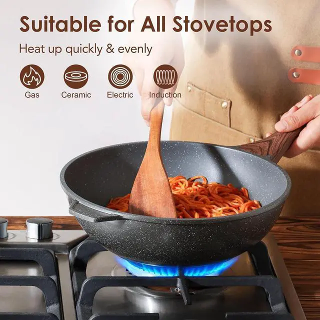 Alt view image 4 of 7 - Nonstick Wok Pan with Lid 11-inch, Healthy Stir-fry Pan Induction Cookware with Swiss Granite Coating, Deep Frying Pan Skillet with Stay-cool Handle, PFOA Free