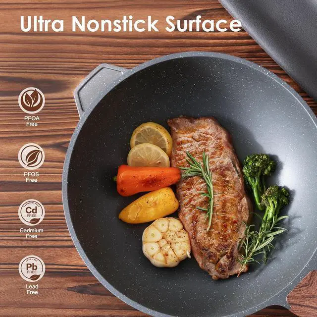 Alt view image 2 of 7 - Nonstick Wok Pan with Lid 11-inch, Healthy Stir-fry Pan Induction Cookware with Swiss Granite Coating, Deep Frying Pan Skillet with Stay-cool Handle, PFOA Free