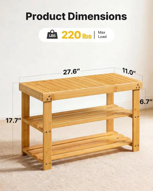 Alt view image 2 of 6 - AMADA HOMEFURNISHING Shoe Rack Bench Bamboo 27.56 x 11.02 x 17.72 inch AMSRB27N-US