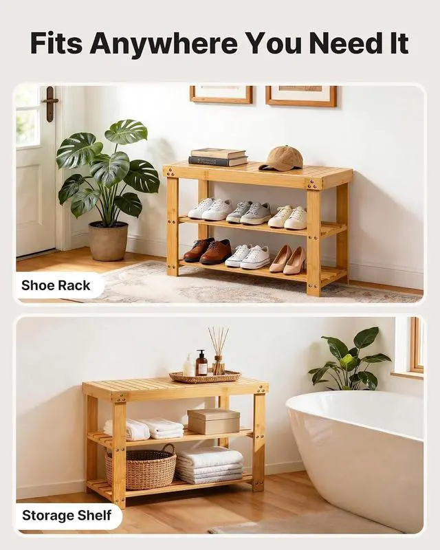 Alt view image 4 of 6 - AMADA HOMEFURNISHING Shoe Rack Bench Bamboo 27.56 x 11.02 x 17.72 inch AMSRB27N-US