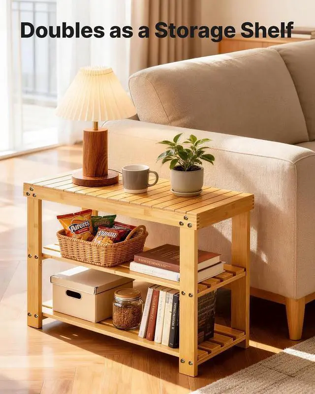 Alt view image 5 of 6 - AMADA HOMEFURNISHING Shoe Rack Bench Bamboo 27.56 x 11.02 x 17.72 inch AMSRB27N-US