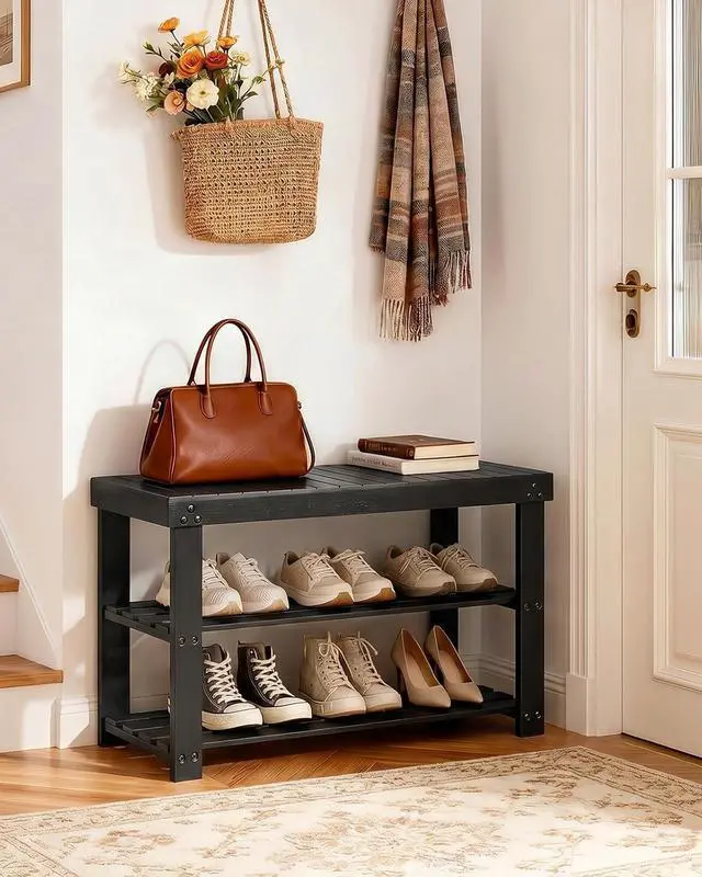 Alt view image 2 of 7 - AMADA HOMEFURNISHING Shoe Rack Bench Black 27.56 x 11.02 x 17.72 inch AMSRB27B-US