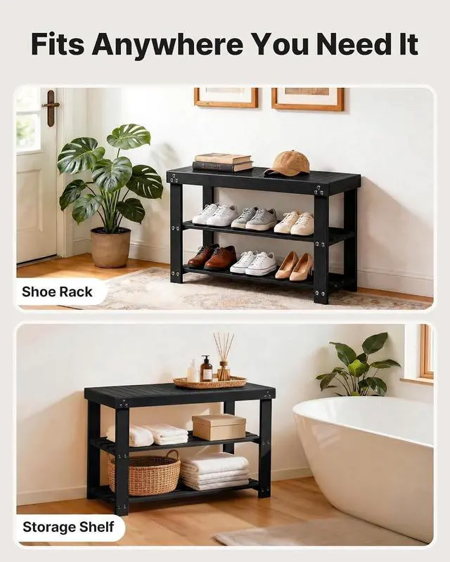 Alt view image 5 of 7 - AMADA HOMEFURNISHING Shoe Rack Bench Black 27.56 x 11.02 x 17.72 inch AMSRB27B-US