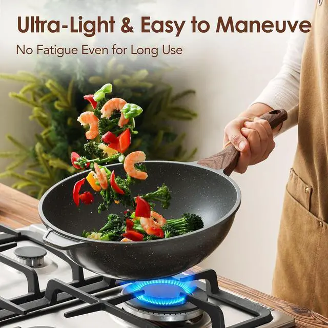 Alt view image 5 of 7 - Nonstick Wok Pan with Lid 11-inch, Healthy Stir-fry Pan Induction Cookware with Swiss Granite Coating, Deep Frying Pan Skillet with Stay-cool Handle, PFOA Free