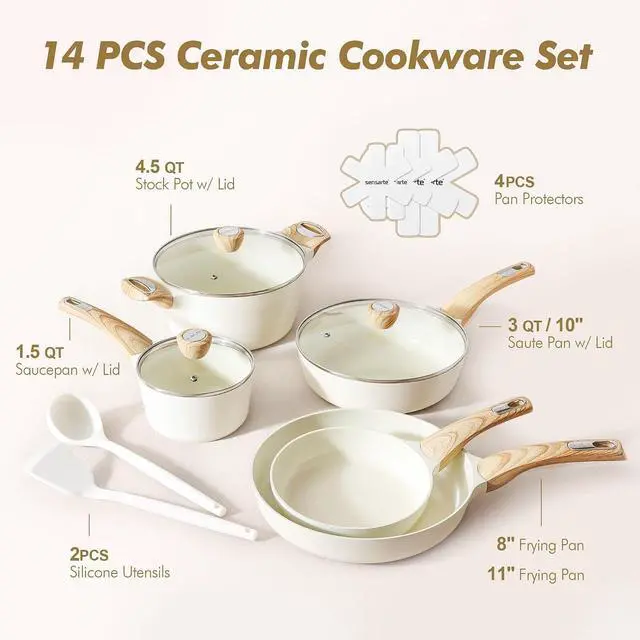 Alt view image 3 of 7 - Ceramic Cookware Sets, Pots and Pans Set Non stick, 14 Piece Induction Cookware, Non toxic Healthy Non Stick Kitchen Cooking Set, with Frying Pans Set, PFAS PTFE PFOA PFOS Free