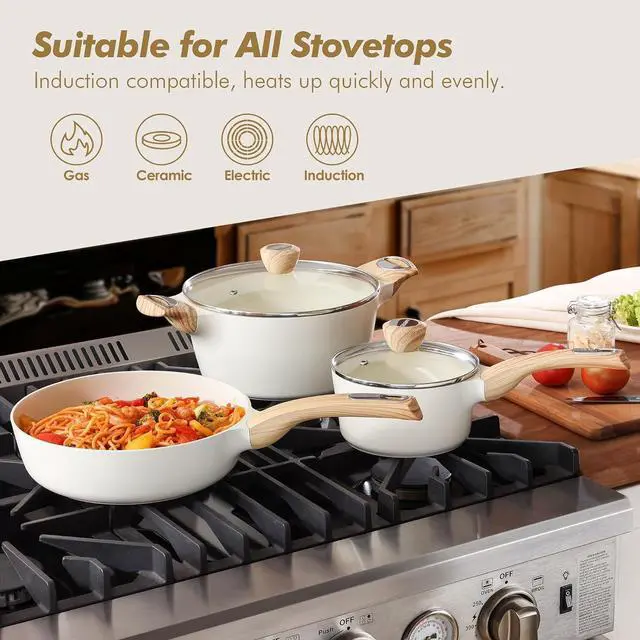 Alt view image 5 of 7 - Ceramic Cookware Sets, Pots and Pans Set Non stick, 14 Piece Induction Cookware, Non toxic Healthy Non Stick Kitchen Cooking Set, with Frying Pans Set, PFAS PTFE PFOA PFOS Free