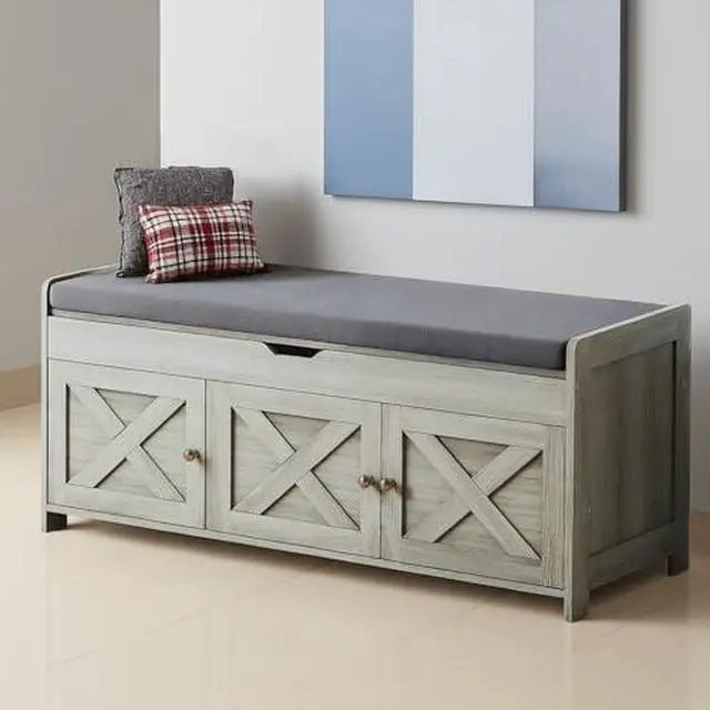 Main image of Amada Shoe Storage Bench, Entryway Bench with Cushioned & Storage, 2-Tier Shoe Bench with Shoe Rack, End of Bed Storage Bench with 3 Doors for Bedroom, Gray