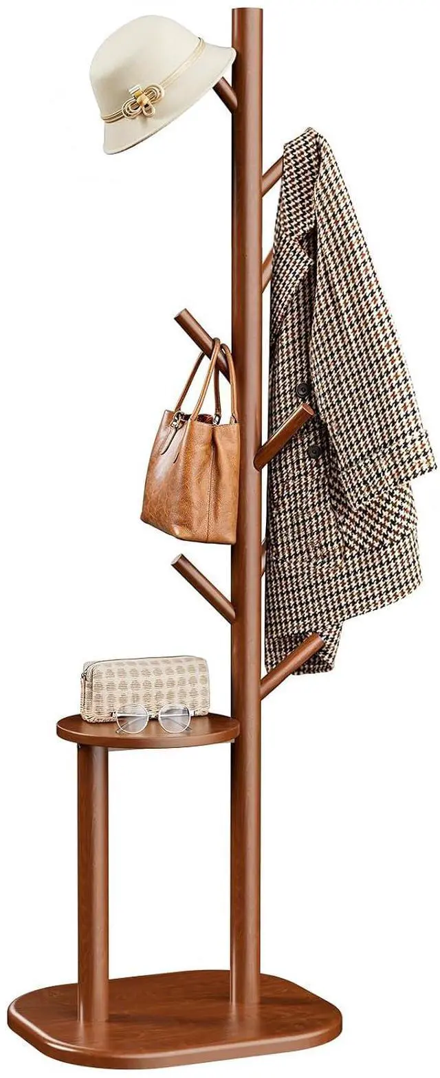 Main image of Pipishell Coat Rack, Freestanding Hall Tree with 8 Hooks & Storage Shelf, Solid Wood Base, 66.3 Tall Coat Rack Stand for Coats, Hats, Bag in Entryway, Bedroom, Living Room, Brown