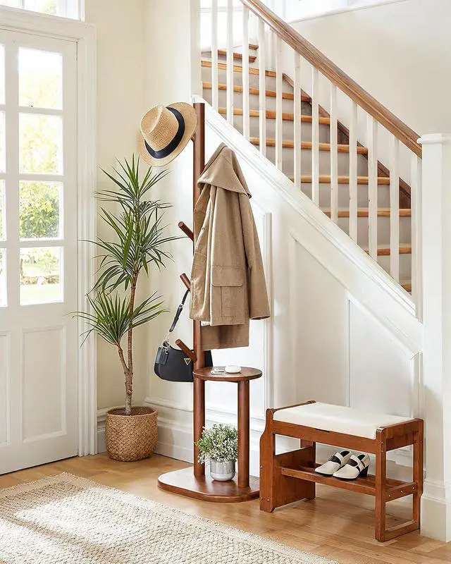 Alt view image 2 of 7 - Pipishell Coat Rack, Freestanding Hall Tree with 8 Hooks & Storage Shelf, Solid Wood Base, 66.3 Tall Coat Rack Stand for Coats, Hats, Bag in Entryway, Bedroom, Living Room, Brown