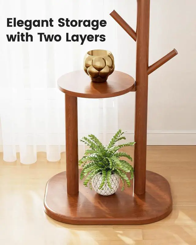 Alt view image 3 of 7 - Pipishell Coat Rack, Freestanding Hall Tree with 8 Hooks & Storage Shelf, Solid Wood Base, 66.3 Tall Coat Rack Stand for Coats, Hats, Bag in Entryway, Bedroom, Living Room, Brown