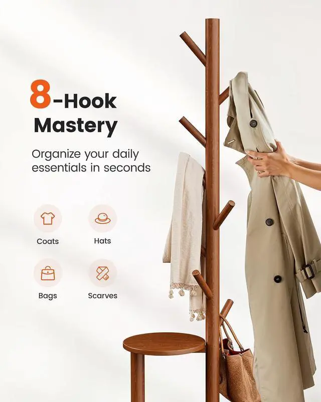Alt view image 4 of 7 - Pipishell Coat Rack, Freestanding Hall Tree with 8 Hooks & Storage Shelf, Solid Wood Base, 66.3 Tall Coat Rack Stand for Coats, Hats, Bag in Entryway, Bedroom, Living Room, Brown
