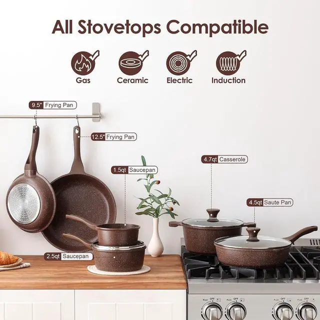 Alt view image 4 of 7 - Nonstick Cookware Set 16-Piece, Healthy Pots and Pans Set, Non-stick Kitchen Cooking Set with Stay-Cool Handles, Silicone Utensils and Pot Protectors
