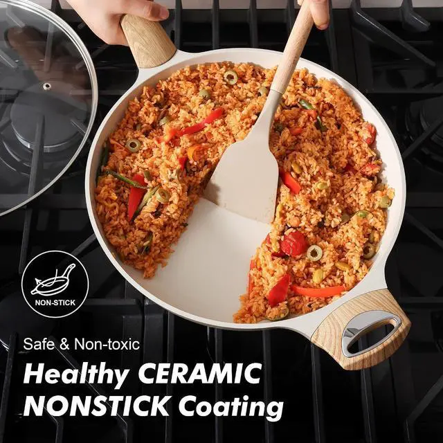 Alt view image 2 of 7 - Ceramic Nonstick Frying Pan Skillet with Lid 12.5Inch Large Non Stick Non-toxic Healthy Kitchen Cooking Chef's Pan, Free of Intentionally Added PFOA/PFAS/PTFE, Induction Compatible