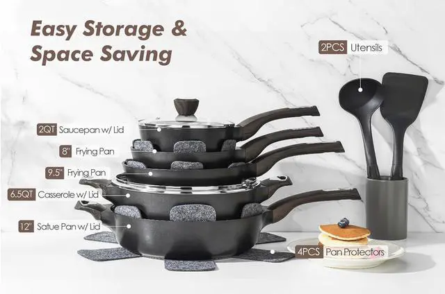 Alt view image 4 of 7 - 9.5Inch Nonstick Frying Pan Skillet with Lid,Induction Compatible,14 Pcs Pots and Pans Set Non stick,PFOA PFOS APEO Free