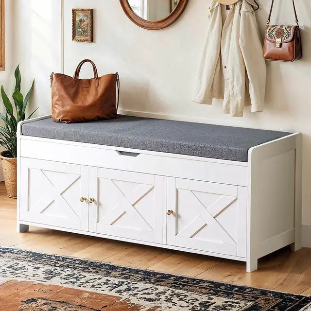 Main image of Amada Shoe Storage Bench, Entryway Bench with Cushioned Seat & Lift Top Storage, 3 Doors, Adjustable Shelf, 300 lbs Capacity, Bench with Shoe Rack for Entryway, Bedroom, Living Room, White