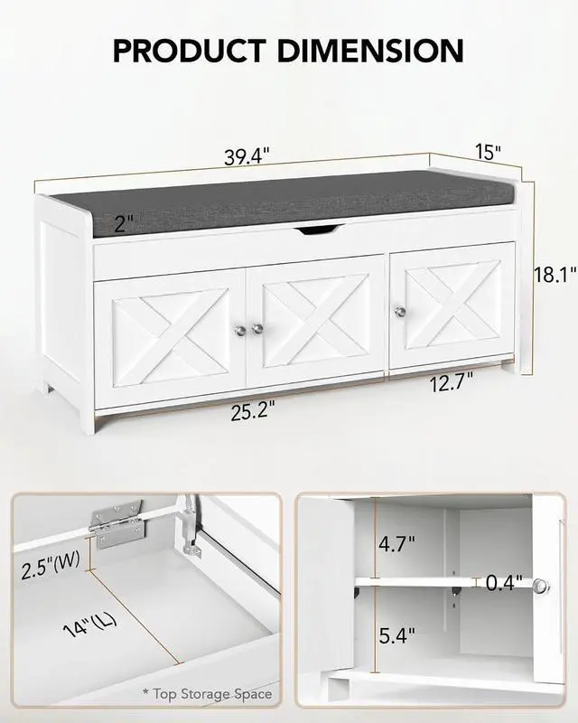 Alt view image 2 of 6 - Amada Farmhouse Shoe Storage Bench with Cushion, 3 Doors & Lift-Top Storage, Adjustable Shelves, 300 lbs Capacity Entryway Bench for Bedroom, Living Room, Classic White