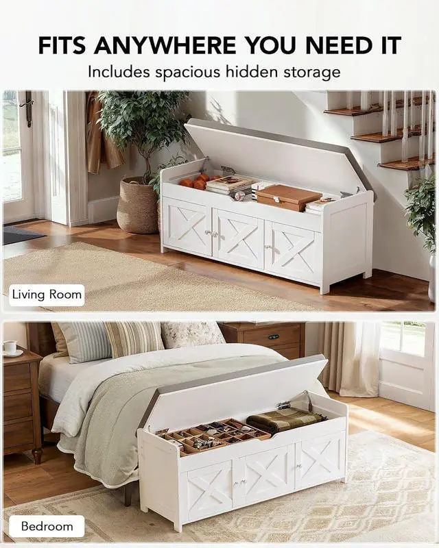 Alt view image 5 of 7 - Amada Shoe Storage Bench, Entryway Bench with Cushioned Seat & Lift Top Storage, 3 Doors, Adjustable Shelf, 300 lbs Capacity, Bench with Shoe Rack for Entryway, Bedroom, Living Room, White