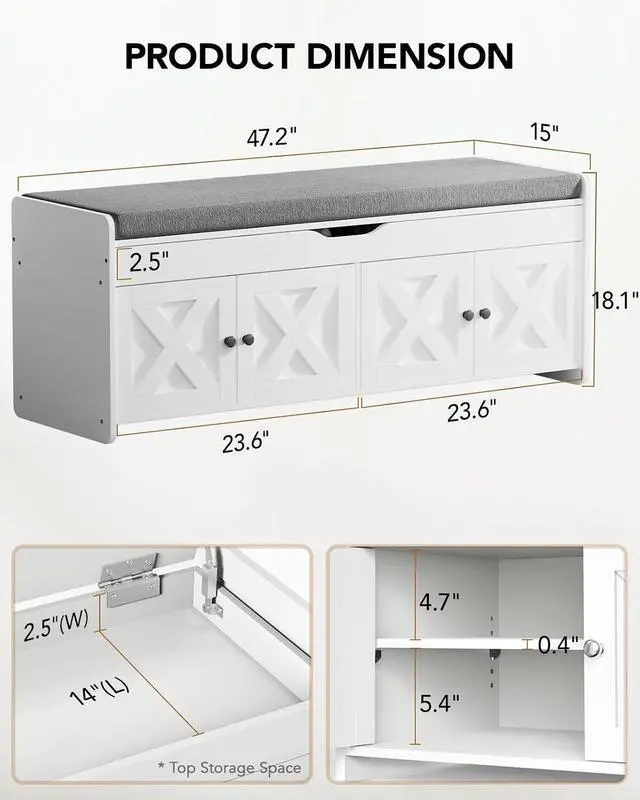 Alt view image 2 of 7 - Amada Shoe Storage Bench with Cushion, 47.2" Long Entryway Bench with Lift Top Storage, 4-Door Shoe Bench with Adjustable Shelves, 300 lb Capacity for Entryway, Bedroom, Living Room, Classic White