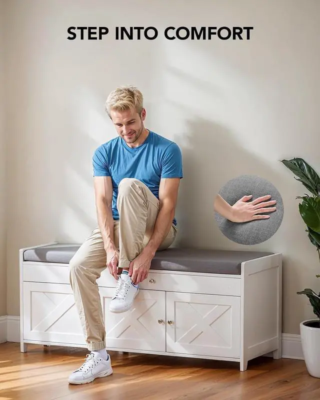 Alt view image 6 of 7 - Amada Shoe Storage Bench, Entryway Bench with Cushioned Seat & Lift Top Storage, 3 Doors, Adjustable Shelf, 300 lbs Capacity, Bench with Shoe Rack for Entryway, Bedroom, Living Room, White