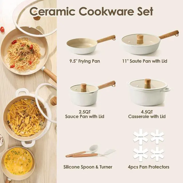 Alt view image 2 of 7 - Ceramic Cookware Set 14Pcs, Nonstick Pots and Pans Set, Healthy Non Toxic Induction Cooking Set, Stackable Cookware with Kitchen Utensils, Pot Protectors, PFAS/PTFE Free