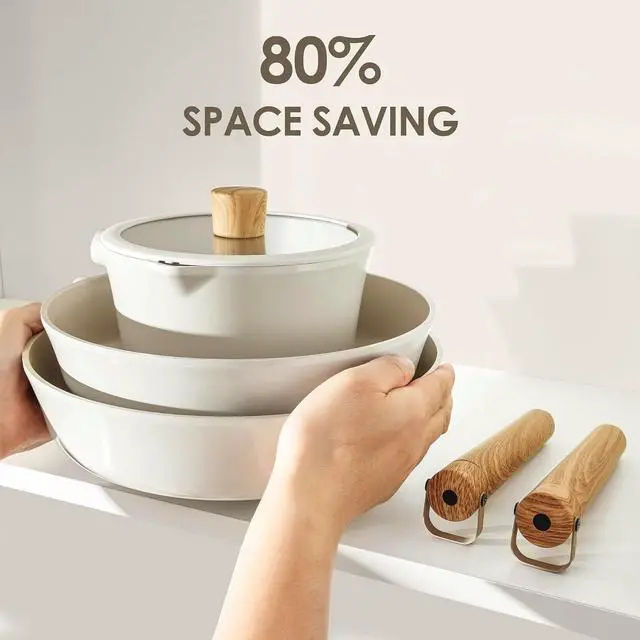 Alt view image 6 of 7 - Ceramic Cookware Set 14Pcs, Nonstick Pots and Pans Set, Healthy Non Toxic Induction Cooking Set, Stackable Cookware with Kitchen Utensils, Pot Protectors, PFAS/PTFE Free