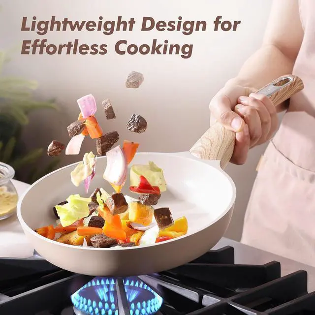 Alt view image 3 of 7 - Ceramic Nonstick Frying Pan Skillet with Lid 8inch Non Stick Pan Omelet Pans, Non-toxic Healthy Kitchen Cooking Chef's Pan, Free of Intentionally Added PFAS/PTFE, Induction Compatible, Taupe