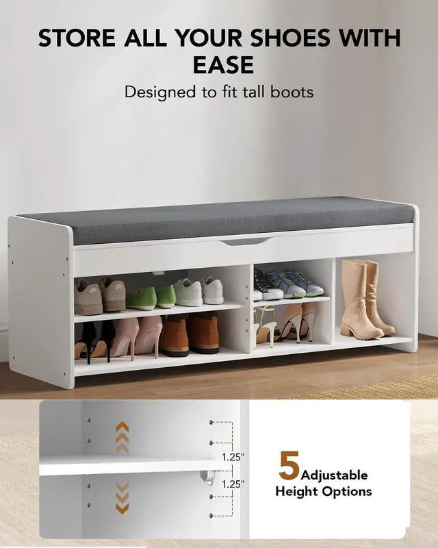 Alt view image 3 of 6 - Amada Shoe Storage Bench, 47.2" Long Entryway Bench with Cushioned Seat & Lift Top Storage, 4 Doors, Adjustable Shelf, 300 lbs Capacity, Bench with Shoe Rack for Entryway, Bedroom, Living Room, White
