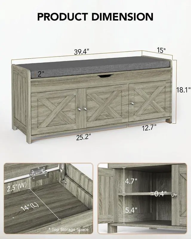 Alt view image 2 of 6 - Amada Farmhouse Shoe Storage Bench with Cushion, 3 Doors & Lift-Top Storage, Adjustable Shelves, 300 lbs Capacity Entryway Bench for Bedroom, Living Room, Wash Grey