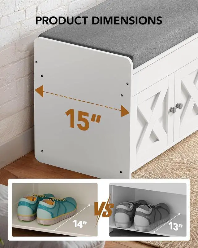 Alt view image 4 of 6 - Amada Shoe Storage Bench, 47.2" Long Entryway Bench with Cushioned Seat & Lift Top Storage, 4 Doors, Adjustable Shelf, 300 lbs Capacity, Bench with Shoe Rack for Entryway, Bedroom, Living Room, White