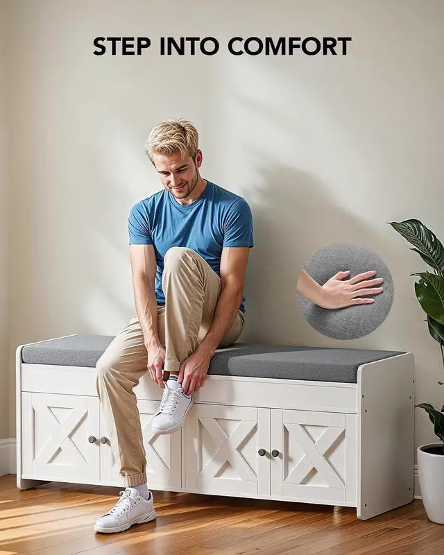 Alt view image 5 of 6 - Amada Shoe Storage Bench, 47.2" Long Entryway Bench with Cushioned Seat & Lift Top Storage, 4 Doors, Adjustable Shelf, 300 lbs Capacity, Bench with Shoe Rack for Entryway, Bedroom, Living Room, White