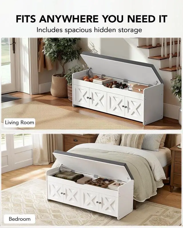 Alt view image 6 of 6 - Amada Shoe Storage Bench, 47.2" Long Entryway Bench with Cushioned Seat & Lift Top Storage, 4 Doors, Adjustable Shelf, 300 lbs Capacity, Bench with Shoe Rack for Entryway, Bedroom, Living Room, White