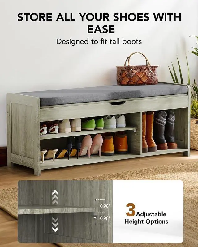 Alt view image 3 of 7 - Amada Shoe Bench, 39.4 Entryway Bench with Cushioned Seat & Lift Top Storage, Adjustable Shelf, 300 lbs Capacity, 2-Tier Storage Bench with Shoe Rack for Entryway, Bedroom, Gray