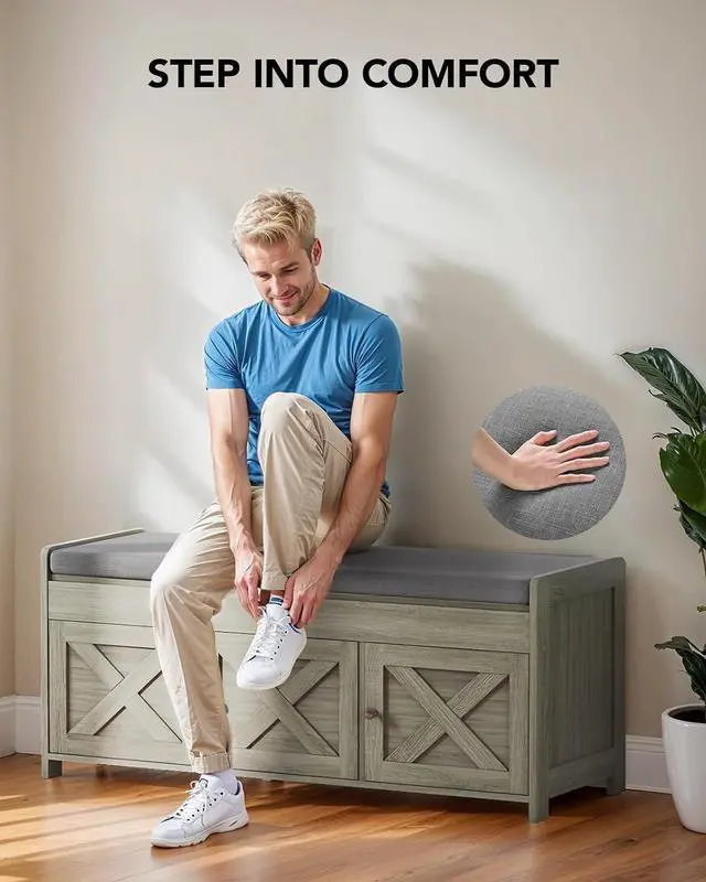 Alt view image 5 of 7 - Amada Shoe Bench, 39.4 Entryway Bench with Cushioned Seat & Lift Top Storage, Adjustable Shelf, 300 lbs Capacity, 2-Tier Storage Bench with Shoe Rack for Entryway, Bedroom, Gray