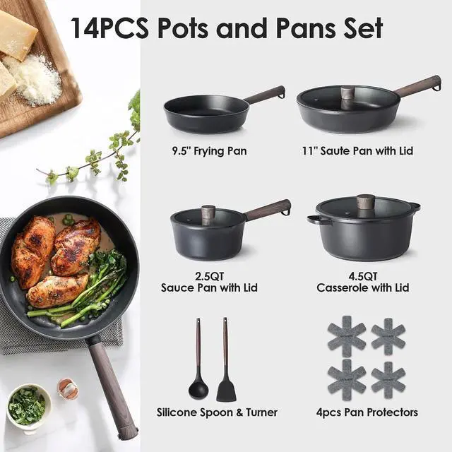 Alt view image 2 of 7 - 14 Pcs Pots and Pans Set Non stick, Non toxic Healthy Cookware Set, Induction Kitchen Cooking Set, PFOA/PFOS Free, Black