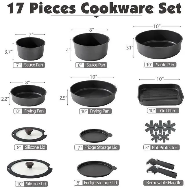 Alt view image 2 of 7 - 17 Piece Pots and Pans Set, Nonstick Detachable Handle Cookware Set, Induction Kitchen Cookware Set with Removable Handle, Healthy Non Stick for RV, Dishwasher Oven Safe, PFOA Free (Black)