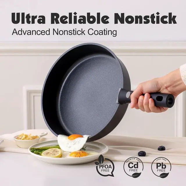 Alt view image 4 of 7 - 17 Piece Pots and Pans Set, Nonstick Detachable Handle Cookware Set, Induction Kitchen Cookware Set with Removable Handle, Healthy Non Stick for RV, Dishwasher Oven Safe, PFOA Free (Black)