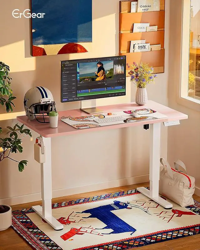 Alt view image 2 of 7 - ErGear Height Adjustable Electric Standing Desk, 48 x 24 Inches Sit Stand up Desk, Memory Computer Home Office Desk, Pink
