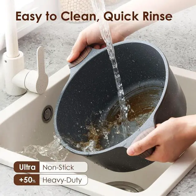 Alt view image 5 of 7 - 4.5 Quart Nonstick Stock Pot with Lid, Induction Cooking Pot with Tempered Glass Lid, 1.5 Quart Nonstick Sauce Pan with Lid, Non stick Saucier Pan, Induction Comptable, PFOA Free