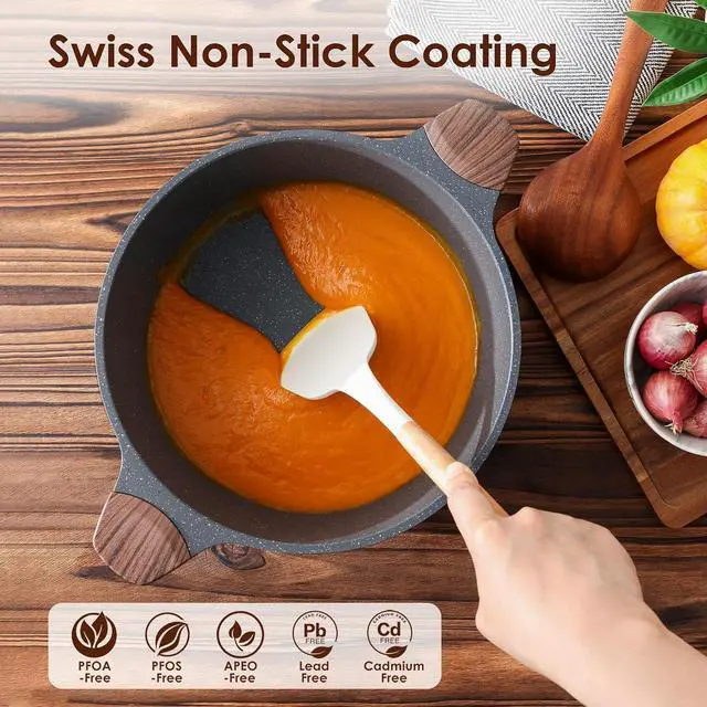 Alt view image 3 of 6 - Nonstick Stock Pot with Lid, 4.5 Quart Induction Cooking Pot with Tempered Glass Lid, Stew Pot with Swiss Nonstick Granite Coating, PFOA PFOS APEO Free, Gray