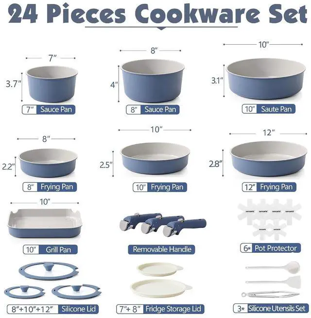 Alt view image 2 of 7 - 24 Piece Ceramic Pots and Pans Set, Nonstick Detachable Handle Cookware, Induction Kitchen Cookware Set with Removable Handle, Healthy Non Stick for RV, DishwasherOven Safe, PFOA Free (Navy)