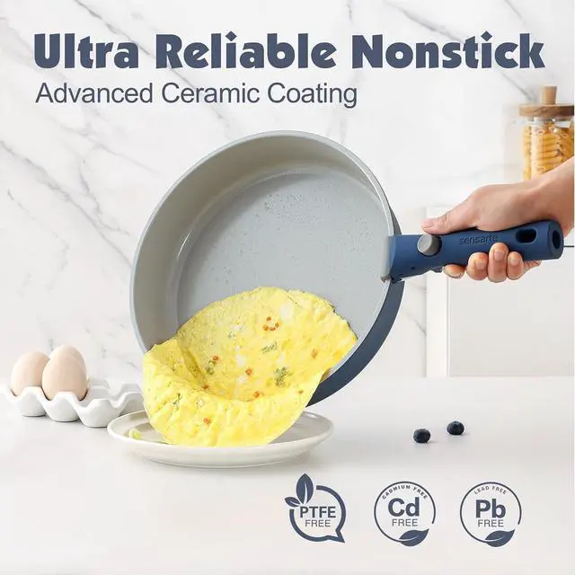 Alt view image 4 of 7 - 24 Piece Ceramic Pots and Pans Set, Nonstick Detachable Handle Cookware, Induction Kitchen Cookware Set with Removable Handle, Healthy Non Stick for RV, DishwasherOven Safe, PFOA Free (Navy)