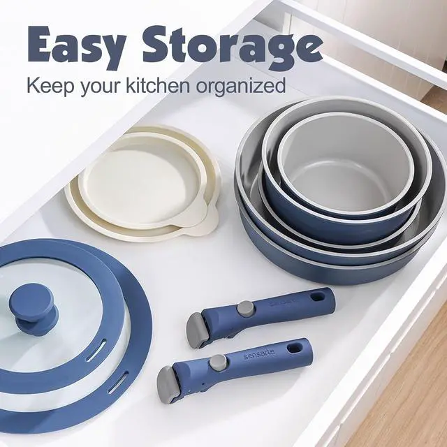 Alt view image 3 of 7 - 24 Piece Ceramic Pots and Pans Set, Nonstick Detachable Handle Cookware, Induction Kitchen Cookware Set with Removable Handle, Healthy Non Stick for RV, DishwasherOven Safe, PFOA Free (Navy)