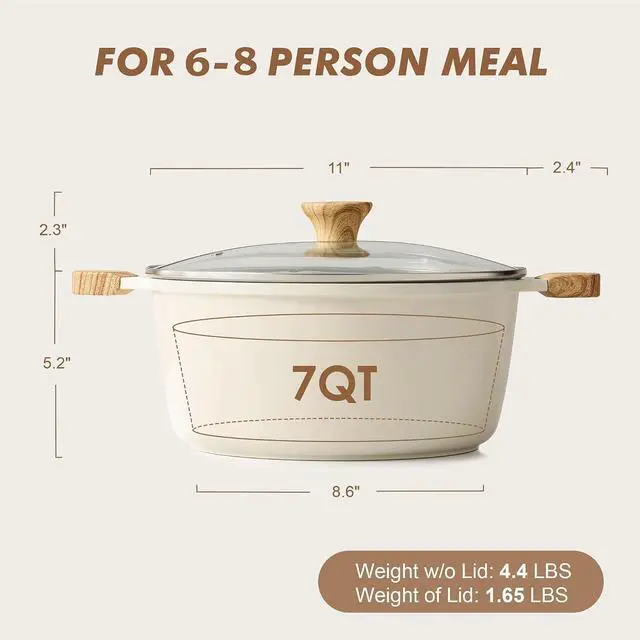 Alt view image 2 of 6 - Ceramic Nonstick Stock Pot with Lid, 7 Quart Induction Cooking Pot with Tempered Glass Lid, Stew Pot for Soup and Oatmeal, Pasta Casserole, PFOA PFAS PTFE Free, Creamy White