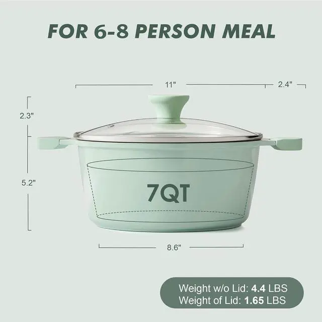 Alt view image 2 of 6 - Ceramic Nonstick Stock Pot with Lid, 7 Quart Induction Cooking Pot with Tempered Glass Lid, Stew Pot for Soup and Oatmeal, Pasta Casserole, PFOA PFAS PTFE Free, Green