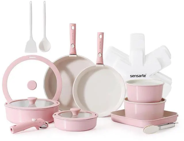 Main image of 24 Piece Ceramic Pots and Pans Set, Nonstick Detachable Handle Cookware, Induction Kitchen Cookware Set with Removable Handle, Healthy Non Stick for RV, DishwasherOven Safe, PFOA Free (Pink)