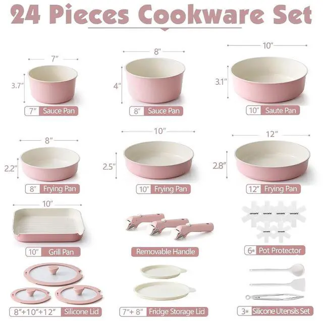 Alt view image 2 of 7 - 24 Piece Ceramic Pots and Pans Set, Nonstick Detachable Handle Cookware, Induction Kitchen Cookware Set with Removable Handle, Healthy Non Stick for RV, DishwasherOven Safe, PFOA Free (Pink)