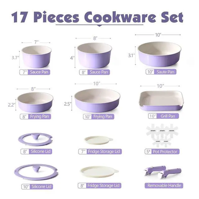 Alt view image 2 of 7 - 17 Piece Ceramic Pots and Pans Set, Nonstick Detachable Handle Cookware, Induction Kitchen Cookware Set with Removable Handle, Dishwasher Oven Safe (Purple)