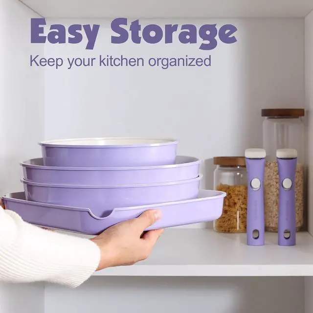 Alt view image 3 of 7 - 17 Piece Ceramic Pots and Pans Set, Nonstick Detachable Handle Cookware, Induction Kitchen Cookware Set with Removable Handle, Dishwasher Oven Safe (Purple)